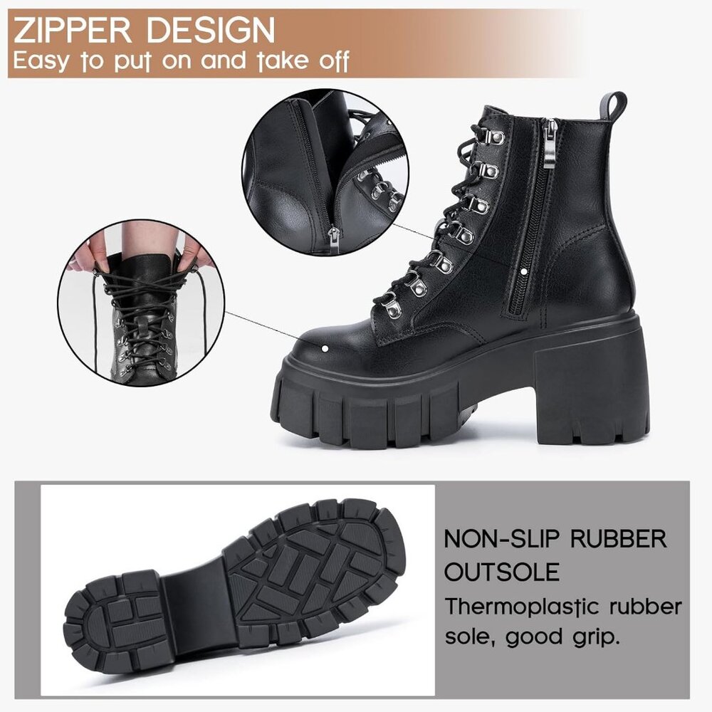 Women’s Combat Black Lace up Side Zipper High Heel Chunky Ankle Lug Sole Booties - Picture 5 of 6